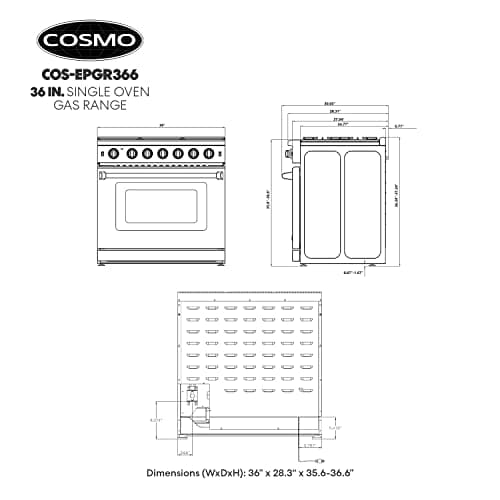 COSMO COS-EPGR366 36 in. Haven Collection 6.0 cu. ft. Gas Range, 6 Burners, Convection Oven, Knob LEDs, Storage Drawer, Stainless Steel