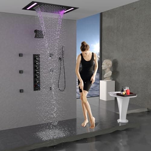 HOMEDEC Double Shower Heads Full Body Shower System with 6pcs Body Jets, 3-in-1 Function 14x20inch and 6inch Showerheads, Rainfall Shower System, Black
