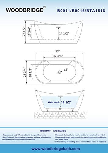 WOODBRIDGE 59" Acrylic Freestanding Bathtub Contemporary Soaking White Tub with Matte Black Overflow and Drain，B0016 -MB-Drain &O