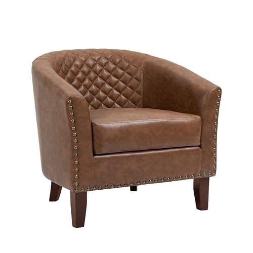 UIXE Faux Leather Accent Chairs Set of 2, Barrel Club Chair Modern Upholstered Armchair for Living Room, Comfy Nailed Trim Arm Chair Bedroom Reading Seat, Brown