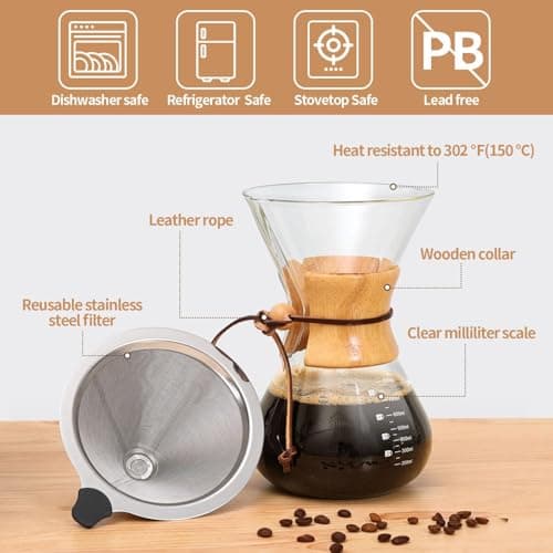 Pour Over Coffee Maker 27 OZ, 8 Cup Borosilicate Glass Drip Coffee Maker with Reusable Stainless Steel Filter and Cork Grip for Home Café 800 ML