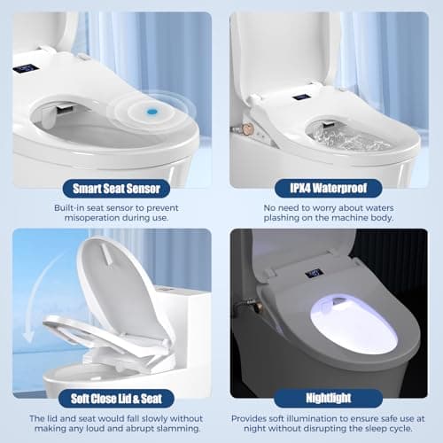 Bidet Toilet Seat, Electric Heated Toilet Seat Elongated with Instant Warm Water & Dryer, Rear and Feminine Washing, Self-Clean Nozzle, Slow Close Lid, Wireless Remote,Night Light