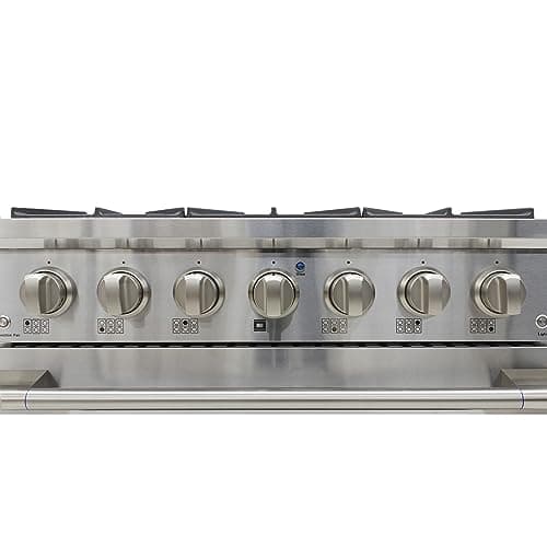 DE360GRSSS Gas Range Cooktop 36-Inch with Porcelain Convection Oven and Broil Function, 6 Sealed Burners and Continuous Grates with Stainless Steel Construction, Silver