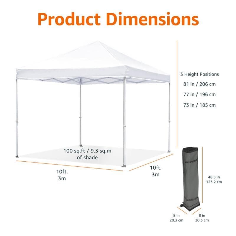 Amazon Basics Outdoor Pop Up 10 x 10 Canopy Tent for Events, Portable with Easy Setup, Includes Wheeled Carry Bag, 8 Pegs, 4 Ropes, 4 Weighted Bags, White