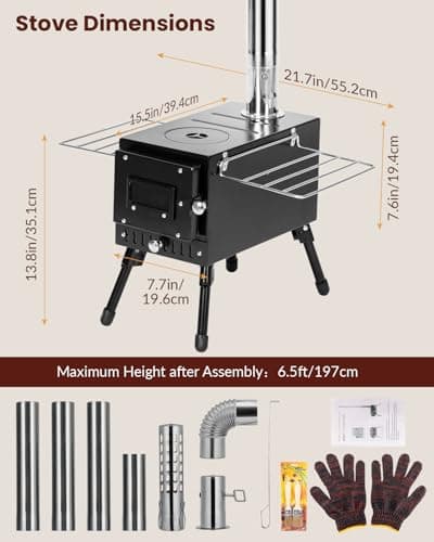 Wood Stove, Portable Tent Stove with 7-Section Stainless Steel Chimney, HeatControl Stovepipe and Elbow Pipe, Wood Burning for Outdoor Camping and Ice Fishing