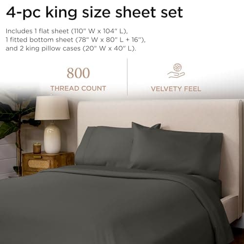 Threadmill Luxury 800 Thread Count King 100% Cotton Sheets - Dark Grey Sateen Weave Bed-Sheets, Better Than Egyptian Cotton,4 Pc Solid Soft Bedding Set, Fits 16" Deep Pocket