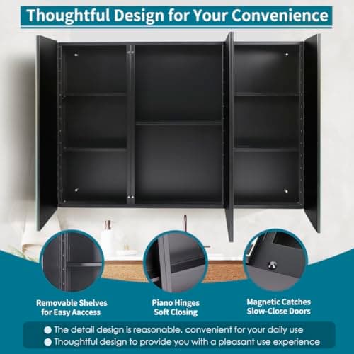 Movo 40 Inch x 28 Inch Black Bathroom Mirror Medicine Cabinet, Frameless Large Wall Mount Medicine Cabinet with 3 Doors,Rmovable Shelves