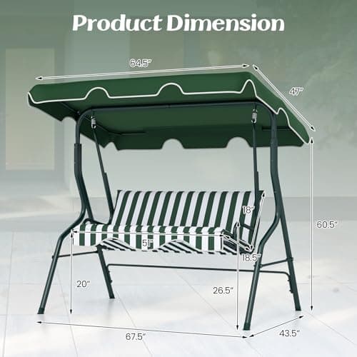 Tangkula 3 Person Porch Swing, Patio Swing with Removable Cushion & Powder-Coated Steel Frame, Outdoor Swing with Canopy for Porch, Backyard, Garden, Balcony (Green)