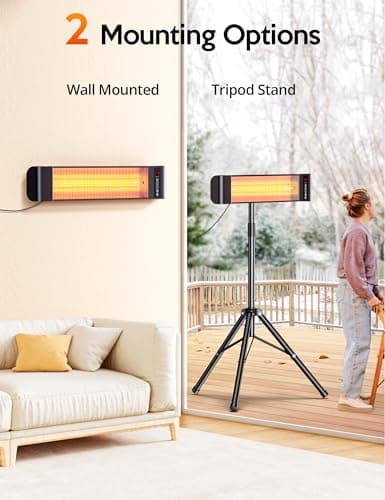 VAGKRI Outdoor Heaters, Electric Infrared Patio Heater with Remote and 12H Timer, IP65 Waterproof, 3 Heat Levels, Wall Mount or Tripod Stand for Home, Office, Patio, Garage