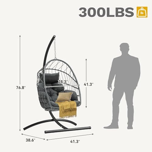 DWVO Egg Chair with Stand, Hanging Outdoor Rattan Wicker Patio Hammock Indoor Egg Chair with Cushion, Hanging Swing Chair 350lbs for Porch, Garden, Bedroom, Balcony, Gray