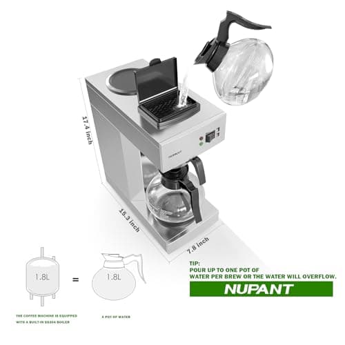 12-Cup Coffee Maker 1.8L Commercial Drip Coffee Maker Pour Over Coffee Machines with 2 Glass Carafes and 2 Warmers Plate Stainless Steel Coffee Brewer for Cofe Bar and Restaurant