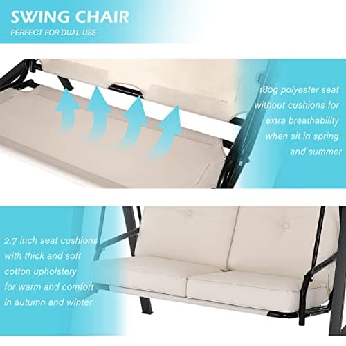 AECOJOY Outdoor Patio Swing Chair for Adults, 2-Seat Porch Swings with Adjustable Canopy, Outside Swing Bench with Removable Cushion, Suitable for Backyard, Garden, Yard, Poolside, Balcony (Beige)