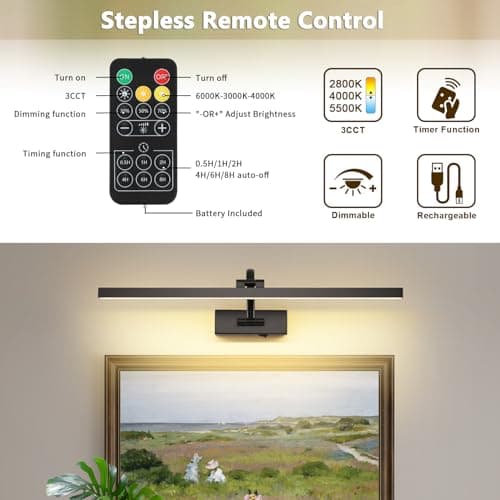 Wireless Picture Lights for Wall Battery Operated, Black Art Lighting for Paintings Rechargeable Gallery lights with Remote and Timer 3CCT Dimmable Painting Lights for Artwork Portrait 23.62 inch