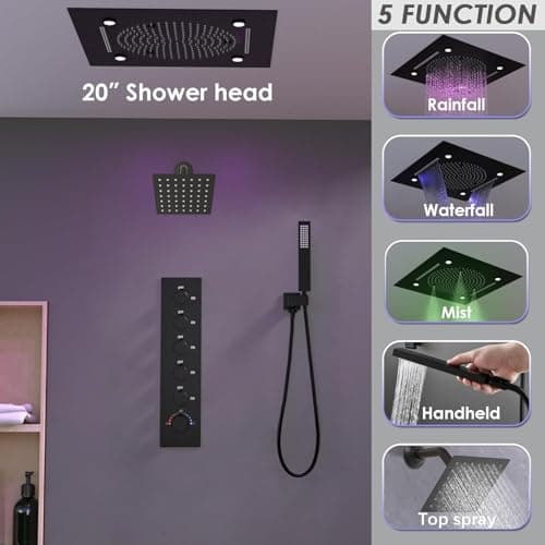 Enga Luxury Dual Shower Head System LED Thermostatic Shower System with 6 inch Wall Shower, 20-Inch 3 Function Shower Head (Rainfall & Mist & Waterfall), Matte Black