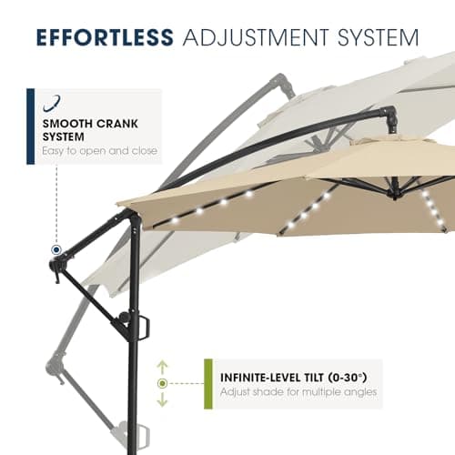 wikiwiki 10FT Solar Patio Offset Umbrella with Base Included, Outdoor Cantilever Umbrella Hanging Umbrellas with Weighted Sandbag Base, Market Patio Umbrella for Backyard, Garden & Deck, Beige