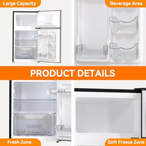 Frestec Mini Fridge with Freezer 3.2 Cu.Ft. 2 Door Refrigerator and Freezer Small Fridge for Bedroom Home Office Dorm, Small Drink Chiller, 37 dB Low Noise, Stainless Steel
