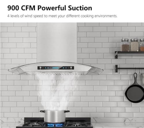IKTCH 30-inch Wall Mount Range Hood Tempered Glass 900 CFM, Kitchen Chimney Vent Stainless Steel with Gesture Sensing & Touch Control Switch Panel, 2 Pcs Adjustable Lights(IKP03-30)