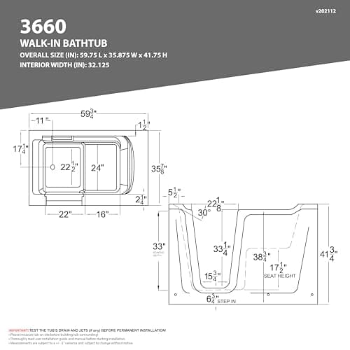 ANZZI Tubs Series Right Drain Quick Fill Walk-In Whirlpool and Air Tub with Powered Fast Drain in White Finish 36 in. x 60 in. | AMZ3660RWD
