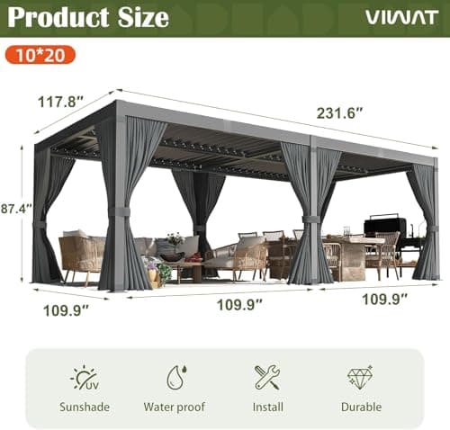 Aluminum 10x20 FT Louvered Pergola, Outdoor Pergola with Adjustable Louvered Roof Outdoor Patio Shade Cover, Waterproof & Rustproof Aluminum Gazebo for Backyard and Garden, Gray