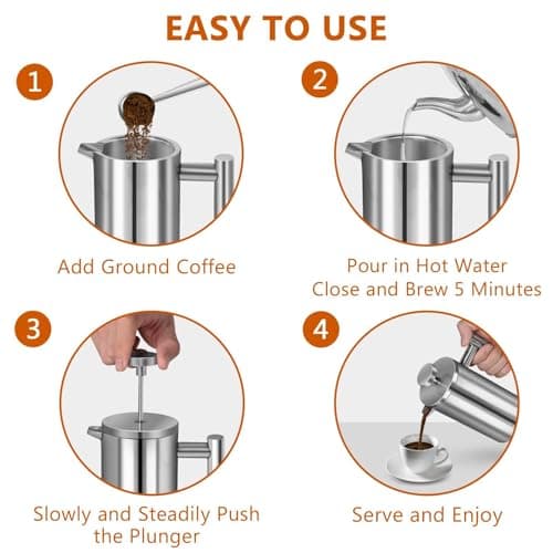 French Press Coffee Maker 50oz, 304 Stainless Steel Double Wall Insulated, Portable Coffee Press for Camping, Backpacking, Kitchen, Gift Set with Stainless Steel Filter - Silver