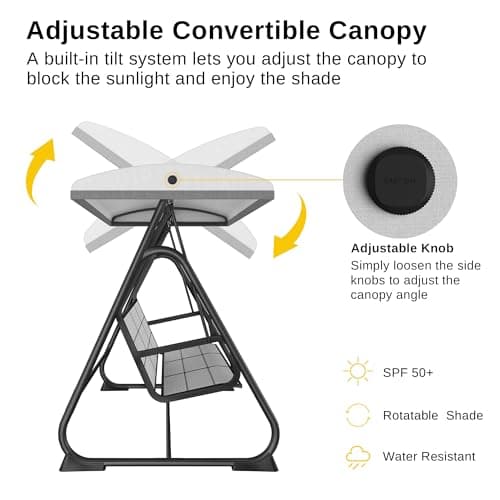 EAST OAK 3-Person Outdoor Patio Swing Chair with Adjustable Canopy, Porch Swing with Comfortable and Breathable Seats, Outdoor Swing Chairs for Garden, Balcony, Backyard, Charcoal Black