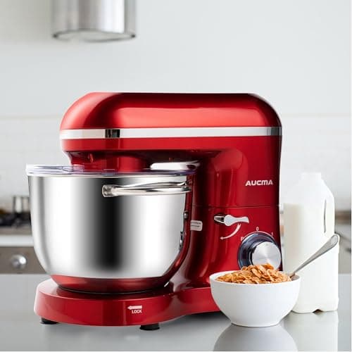 Aucma Stand Mixer,6.5-QT 660W 6-Speed Tilt-Head Food Mixer, Kitchen Electric Mixer with Dough Hook, Wire Whip & Beater 2 Layer Red Painting (6.5QT, Red)