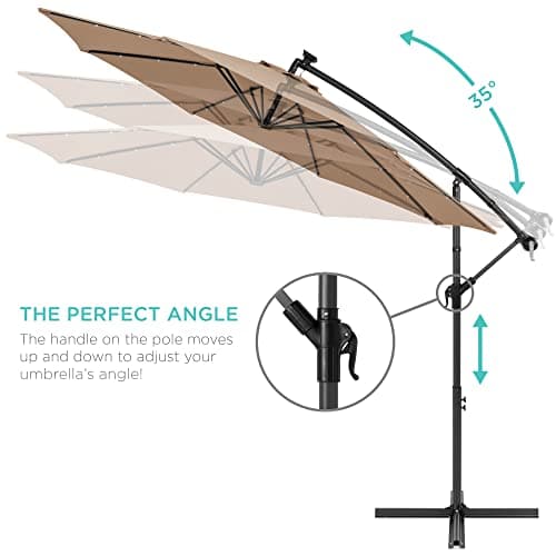 Best Choice Products 10ft Solar LED Offset Hanging Market Patio Umbrella for Backyard, Poolside, Lawn and Garden w/Easy Tilt Adjustment, Polyester Shade, 8 Ribs - Tan