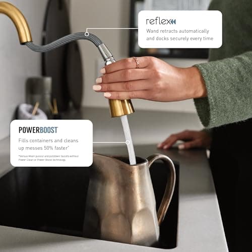 Moen Weymouth Brushed Gold Traditional Shepherd's Hook Pulldown Kitchen Faucet Featuring Pull Down Spray Head with Power Boost, S73004BG