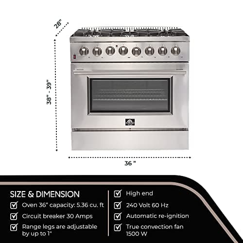 FORNO Galiano Dual Fuel 36" Inch. Freestanding Range 6 Sealed Brass Burners Cooktop - 5.36 Cu. Ft. Convection Electric Oven - Stainless Steel Stove Range Heavy Duty Cast Iron Grates