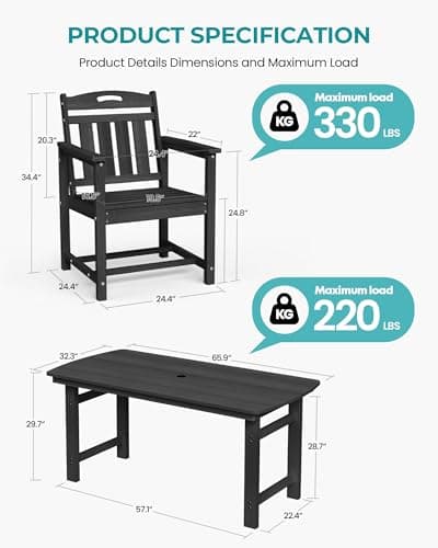 HDPE Outdoor Dining Set, 7 Piece Patio Table and Chairs Set with 2" Umbrella Hole, All Weather Patio Furniture for 6 Person in Garden, Backyard, Deck | Matte Black