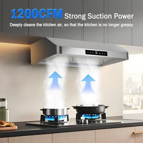30 Inch Under Cabinet Range Hood with 1200CFM Powerful Suction,Stainless Steel Ducted Vent Hood with 4 Speeds,Smart Touch Panel, 3W LED Lights, Quiet Kitchen Exhaust Hood,18B-E30