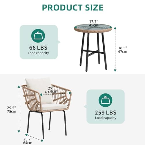 YITAHOME 3-Piece Outdoor Wicker Patio Conversation Bistro Set, All-Weather Furniture Set with Table & Cushions, Outdoor Sectional Sofa for Balcony, Backyard, Deck, Beige