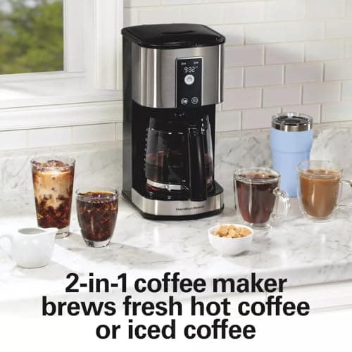 Hamilton-Beach 12-Cup Programmable Hot & Iced Coffee Maker, 950W Electric Drip Machine with Dishwasher-Safe Parts, 24-Hour Delay Brew, Touch-Activated Display for Regular Bold Iced Coffee Auto-Off.
