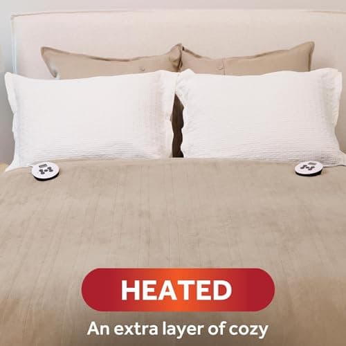 Sunbeam Electric Royal Luxe Microplush Heated Blanket 12 Heat Settings, 12-Hour Selectable Auto Shut-Off, Fast Heating, Warm and Cozy, Sandstone Color, Queen, 90" x 84"