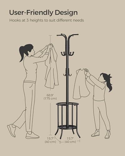 SONGMICS Coat Rack Freestanding, Coat Rack with Umbrella Holder with 12 Hooks, for Entryway, Hallway, Living Room, Bedroom, Ink Black URCR011B01
