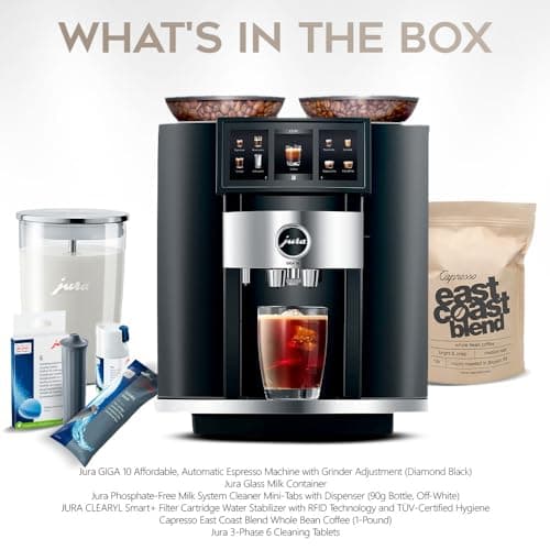Jura GIGA 10 Automatic Espresso Machine (Diamond Black) Bundle with Water Stabilizer, Milk System Cleaner Mini-Tabs, Cleaning Tablets, Milk Containers, and Capresso Coffee Bean (6 Items)