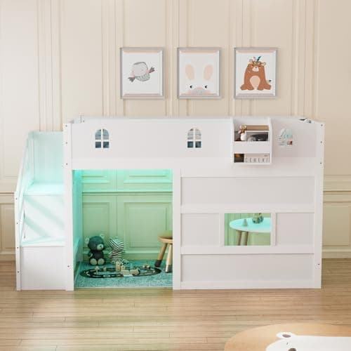 JOYMOR Low Loft Bed with Led Light, Loft Bed Twin Size with Castle Guardrail and Window, Staircase and Book Rack, Smart APP Control,No Box Spring Needed (White with Staircase)