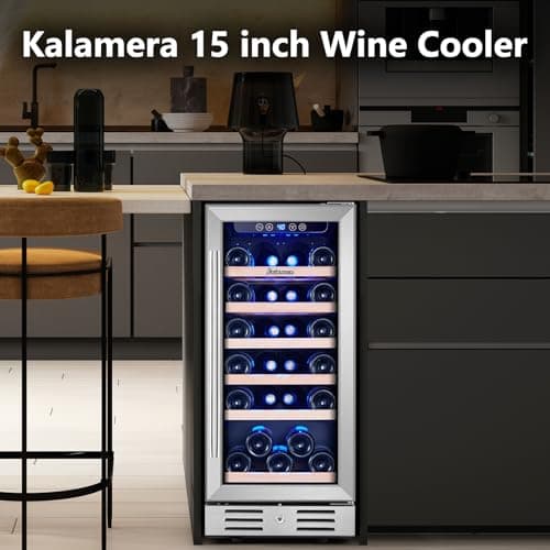 Kalamera Mini Fridge 15" Wine Cooler Refrigerator - 30 Bottle Wine Fridge with Stainless Steel Refrigerator& Double-Layer Tempered Glass Door and Temperature Memory Function Built-in or Freestanding