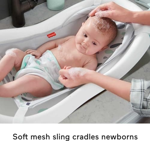 Fisher-Price Baby to Toddler Bath 4-in-1 Sling ‘n Seat Tub with Removable Infant Support and 2 Toys, Climbing Leaves