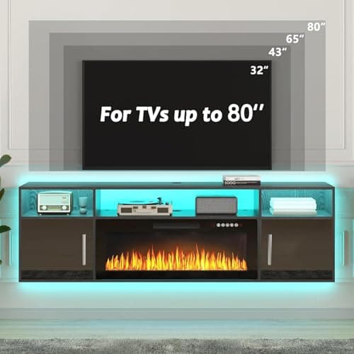 PUKAMI 70" Floating TV Stand with 36" Electric Fireplace,Wall Mounted Fireplace Entertainment Center with LED Lights and Highlight Storage Cabinet for TVs up to 80", for Living Room (Black)