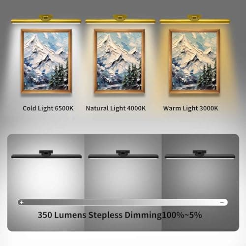 24.4" Wireless Picture Lights, Rechargeable Battery Art Display Light with Remote Control, Dimmable/Timer Off Dartboard Light, 3 Lighting Modes Full Metal Painting Display Lights (Gold-1Pack)