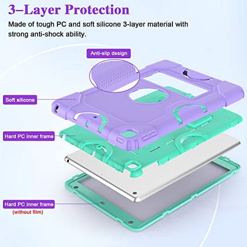 for iPad 9th Generation Case, iPad 8th 7th Generation Case, iPad 10.2 Inch 2021/2020/2019 Case, Heavy Duty Rugged Shockproof Protective Cover with Kickstand for Kids Boys Girls Purple/Green