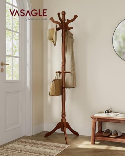 VASAGLE Coat Stand, Solid Wood Freestanding Coat Rack with 11 Hooks, Hall Tree for Bags, Purses, Hats, for Entryway, Hallway, Rubberwood, Caramel Brown URCR05WN
