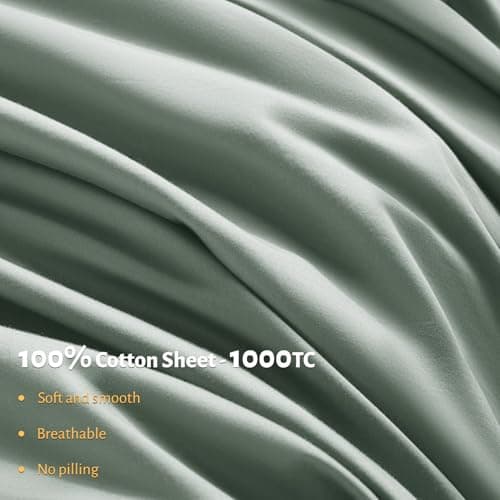 Shilucheng 100% Egyptian Cotton Queen Size Sheets Set - 1000 Thread Count，Luxury Cotton Bed Sheets，Breathable & Cooling Bedding and Pillow Cases, 16 Inch Deep Pocket - 4 Piece (Sea Glass, Queen)