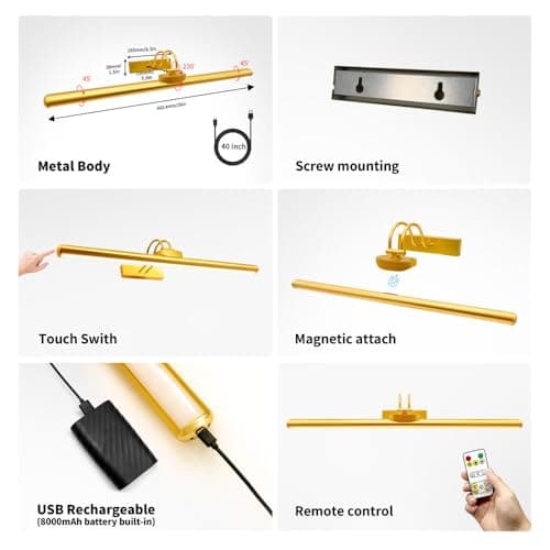 26" Wireless Picture Lights, Rechargeable Battery Art Display Light with Remote Control, Dimmable/Timer Off Dartboard Light, 3 Lighting Modes Full Metal Painting Display Lights (Gold-1 Pack)