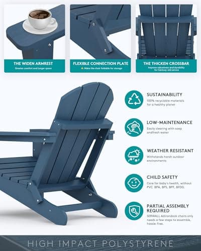 SERWALL Foldable Adirondack Chair Set of 4 for Patio Garden Outdoors Fire Pit-Ocean Blue