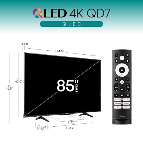 Hisense 85-Inch Class QD7 Series QLED 4K UHD Google Smart TV (85QD7N, 2024 Model) - QLED, Native 144Hz, Motion Rate 240, Direct Full Array, Game Mode Pro, Alexa Compatibility