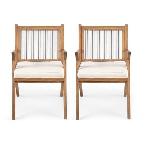 Christopher Knight Home Becker Outdoor Dining Chairs Set of 2 with Cushion, Acacia Wood Dining Room Armchair Set, Garden Chair Set with Handwoven Accent, Patio Dinners Comfy Extra Seat, Cream + Teak