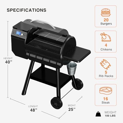 LCD Control Wood Pellet Smoker Grill, 456 SQ. IN Cook Area, Pellet Grill with Auto Feed & Leaking Waste, 500°F Max Temperature, 8 in 1 BBQ Grill with Meat Probe, Side Table with Hooks(Black)