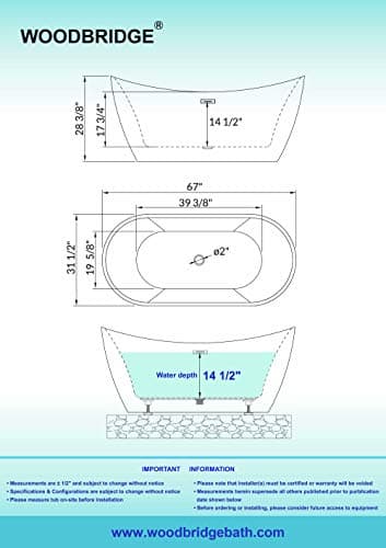 WOODBRIDGE 67" Acrylic Freestanding Bathtub Contemporary Soaking White Tub with Brushed Gold Overflow and Drain，B0010-BG